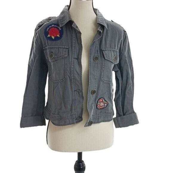 Mossimo Utility Jacket Womens Size S Gray Button Front Embroidered Patchwork - Picture 1 of 7